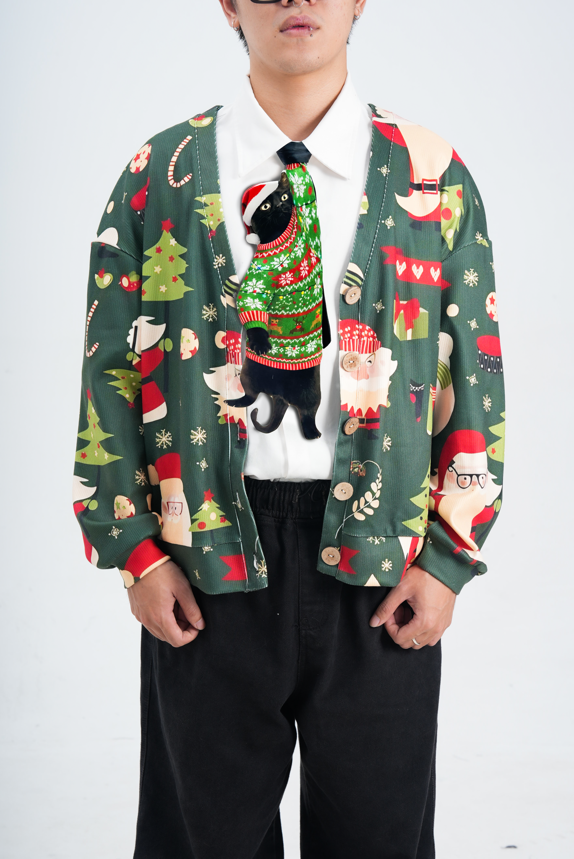 Christmas Novelty Noel Cat - Shaped Tie – Noel Cat Design In Taffeta Silk  – Funny Gift for Men – Tie Accessories