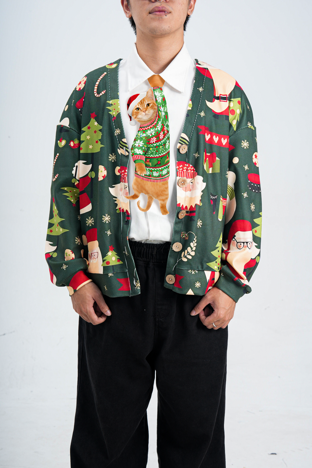 Custom Pet Christmas Tie - Custom Cat With Chistmas Sweater