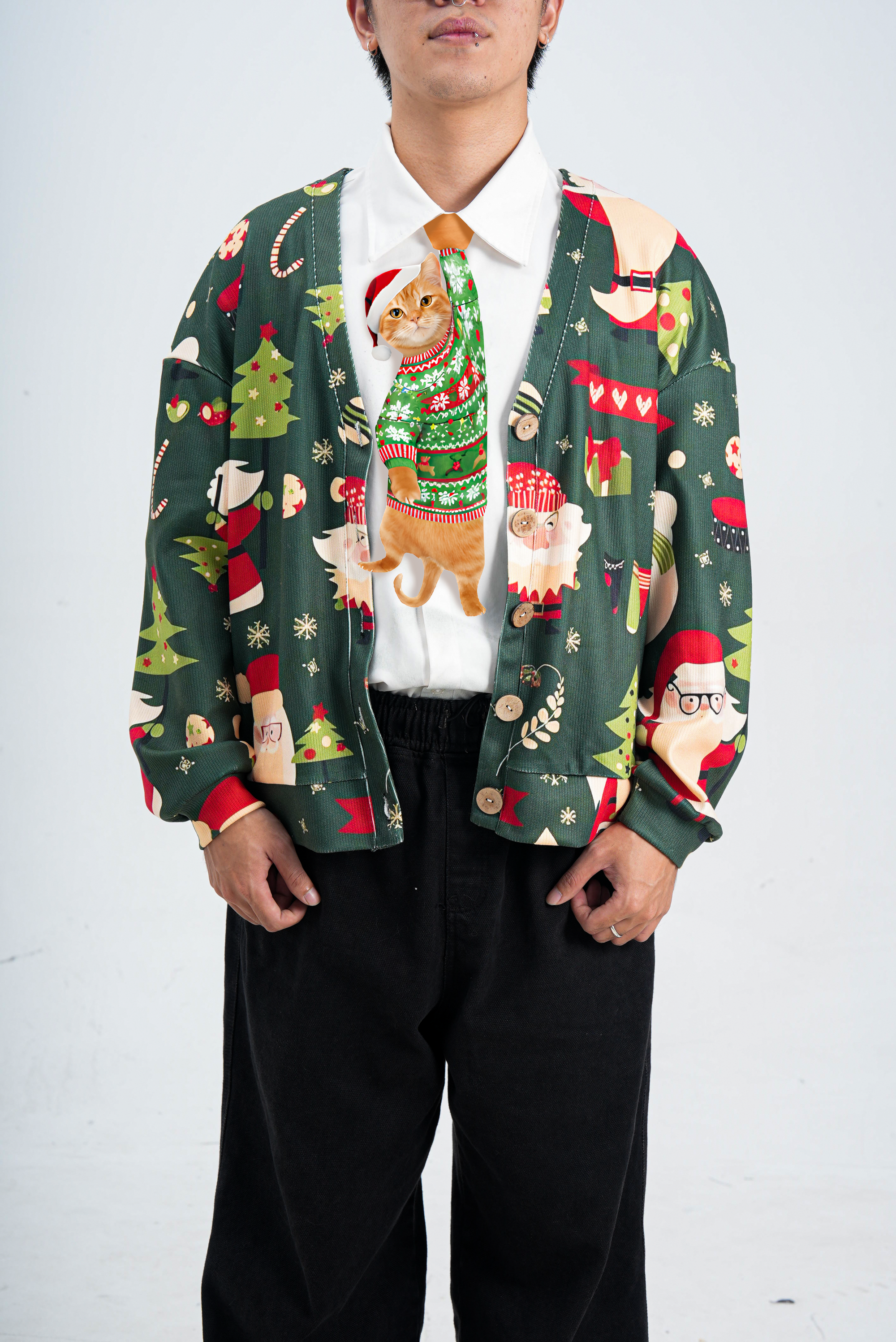 Animals Ties - Orange Naughty Noel Lucky Cat Tie, Silk Tie, Novelty Tie, Pet Tie